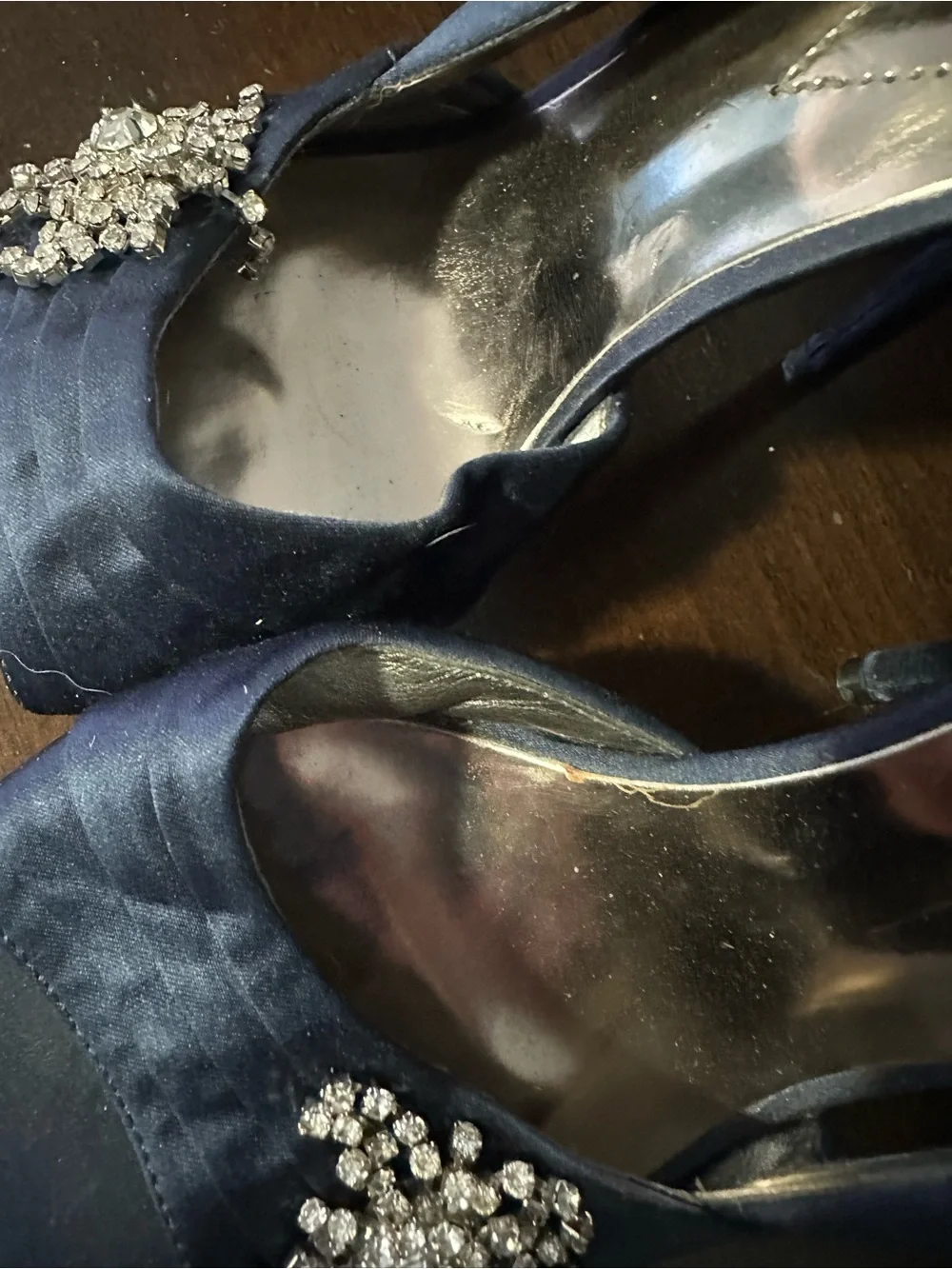 GUESS Navy Satin Crystal Brooch Peep-Toe Stilettos